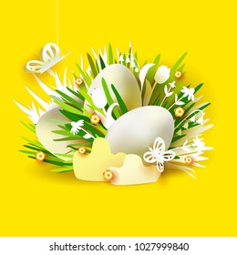 Stylish abstract yellow card with realistic 3d Easter eggs and holiday symbols cut out paper art elements - grass, many flowers, butterflies. Easter creative background. Vector illustration