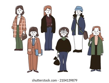 Stylish adult female enjoying fashion Full-body illustration of casual clothes Hand-drawn person illustration