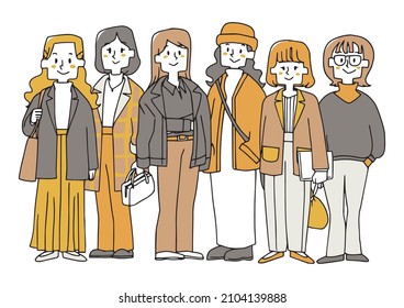 Stylish adult female who enjoys fashion standing side by side Hand-drawn portrait illustration