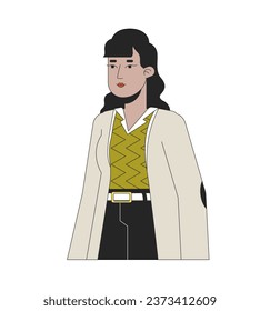 Stylish adult indian woman posing 2D linear cartoon character. Relaxed standing isolated line vector person white background. South asian female employee casual color flat spot illustration
