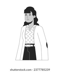 Stylish adult indian woman posing black and white 2D line cartoon character. South asian female employee casual isolated vector outline person. Relaxed standing monochromatic flat spot illustration