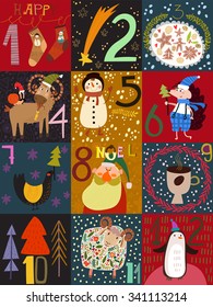 Stylish  Advent calendar.Part I. Christmas poster with holiday symbols: snowman, stars, trees, santa, monkey, socks, etc.