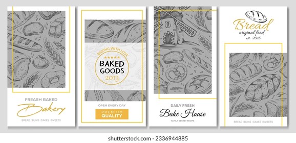 Publicidad elegante de productos de panadería, ilustración vectorial. Carteles de pancartas horneando con amor abiertos todos los días. La insignia de la moda es la comida original. Etiqueta creativa pan recién horneado, boceto.