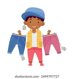 Stylish African American Boy Holding Fashion Clothes with Price Tags Choosing Vector Illustration