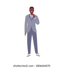 Stylish African American businessman thinking touching beard vector flat illustration. Happy fashionable guy in suit standing isolated on white background. Smiling male in official outfit