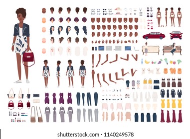 Stylish African American woman constructor. Trendy girl creation set. Various postures, hairstyle, face, legs, hands, clothes, accessories. Front, side, back views. Flat cartoon vector illustration. Stylish African American woman constructor. Trendy girl creation set. Various postures, hairstyle, face, legs, hands, clothes, accessories. Front, side, back views. Flat cartoon vector illustration.