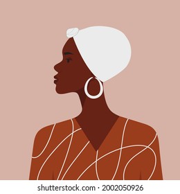 Stylish african woman portrait. Beautiful black girl with scarf on head. Profile silhouette. Ethnic character vector illustration in flat style