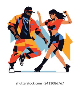 Stylish African-American man and woman dancing hip-hop. Urban street dancers with colorful outfits. Dynamic dance move, performance vector illustration.