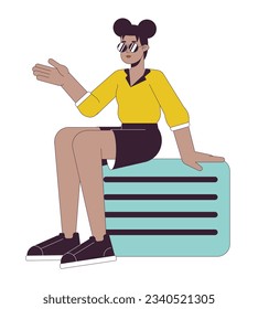 Stylish afro american girl sitting on valise flat line color vector character. Editable outline full body person on white. Luggage young woman simple cartoon spot illustration for web graphic design