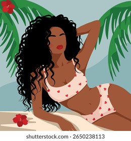 Mulher afro elegante com cabelo encaracolado longo em um biquíni de impressão de coração relaxando em uma praia tropical. Férias de verão, autocuidado e vibrações de viagem. Ilustração de vetor plano com folhas de palma e flores exóticas.