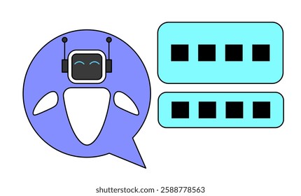 Stylish AI chatbot. The chatbot has a robot face with antennas and a smiling expression, surrounded by purple speech bubbles. Relevant to represent AI, chatbots, and digital communication.