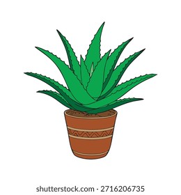 A stylish aloe vera plant vector illustration in a modern decorative pot. Clean and minimal flat style with vibrant green leaves, perfect for home decor designs, skincare or wellness branding, apps, websites, greeting cards, and digital artwork.