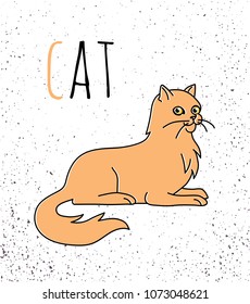 Stylish alphabet card with letter c represented by cat. Learning to read poster for preschool and elementary school kids.Polygraphy print design for children.Exercise workbook, notebook cover template