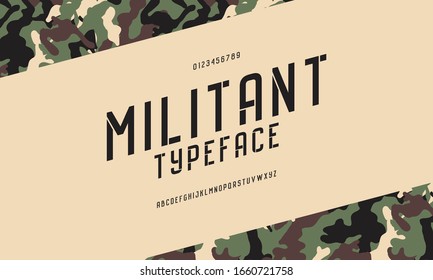 Stylish alphabet font military. Vector illustration of typography set a to z and number. Uppercase design.