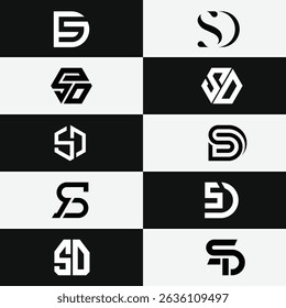 Stylish alphabet logo set featuring letters SD and DS designed for stock market and finance brands. Modern, minimal, and professional style perfect for business identity and investment marketing.