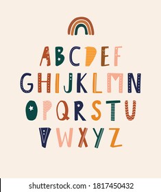 Stylish alphabet in Scandinavian style with small rainbow. Creative Kids font. Funky font for posters, nursery, clothing, education