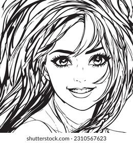 Stylish amazing women beautiful smile sketch face closeup illustration coloring book page for adults.