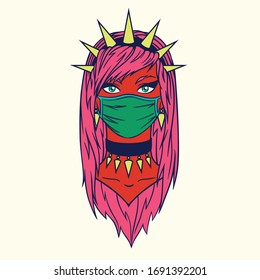 Stylish american girl in spiked bezel wearing medical mask. Coronavirus pandemic in USA. Bright colored vector illustration of masked subcultural girl in hand-drawn style isolated on light background.