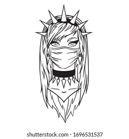 Stylish american girl in spiked bezel wearing medical mask. Coronavirus pandemic in USA. Monochrome vector illustration of masked subcultural girl in hand-drawn style isolated on white background.