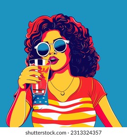 Stylish American Woman Wearing Goggles and Holding Drink Glass Against Blue Background.