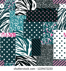 Stylish animal skin mixed with geometric pattern ,polka dots and stripe modern style in seamless vector design for fashion,fabric , wallpaper and all prints on sweet pastel mood