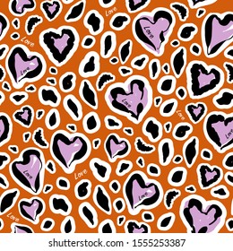 Stylish animal skin on hearats shape with wording “ Love” seamless pattern in vector design for fashion,fabric,web,wallpaper,wrapping and all prints on trendy safari brown