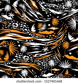 Stylish Animal skin print mixed with tropical island summer elements and leaves seamless pattern .Design for fashion fabric ,wallpaper,wrapping and all prints on black 