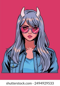 Stylish Anime Demon Girl with Pink Sunglasses. Vector Illustration