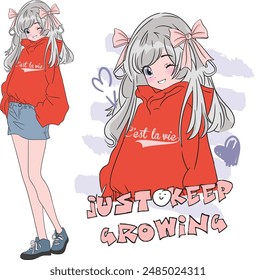 Stylish anime girl graphic with slogan, manga style 