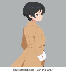 Stylish Anime Woman in Trench Coat Looking Backwards