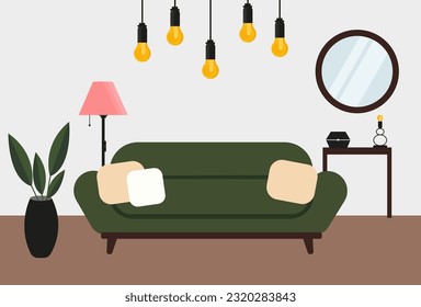 Stylish apartment interior in Scandinavian style with modern decor. Cozy furnished living room. Sofa. Vector graphics