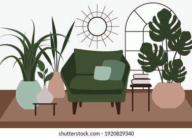 Stylish apartment interiors in Scandinavian style with modern decor. Cozy furnished living room. Cartoon flat vector illustration. Bright, stylish and comfortable furniture with indoor plants. 