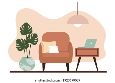 Stylish apartment interiors in Scandinavian style with modern decor. Cozy furnished living room. Cartoon flat vector illustration. Bright, stylish and comfortable furniture with indoor plants. 