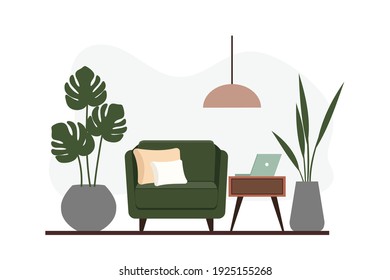 Stylish apartment interiors in Scandinavian style with modern decor. Cozy furnished living room. Cartoon flat vector illustration. Bright, stylish and comfortable furniture with indoor plants. 