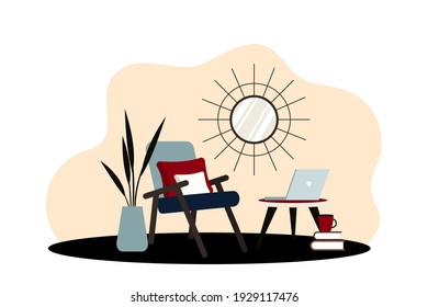 Stylish apartment interiors in Scandinavian style with modern decor. Cozy furnished living room. Cartoon flat vector illustration. Bright, stylish and comfortable furniture with indoor plants. 