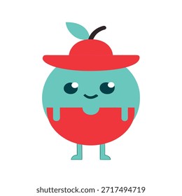Stylish apple character wearing a hat neon red and cyan flat illustration perfect for fashion themes branding stickers and playful design projects
