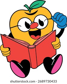 Caractere de mascote liso de leitura de maçã elegante com livro