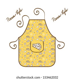 Stylish apron vector illustration with pizza ingredients and hand-drawn text
