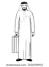 A stylish Arabian man in traditional attire holding a suitcase. The illustration captures a sense of cultural pride and readiness for travel.