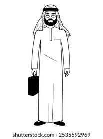 A stylish Arabian man in traditional attire holding a suitcase. The illustration captures a sense of cultural pride and readiness for travel.