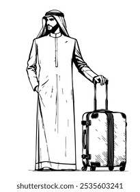 A stylish Arabian man in traditional attire holding a suitcase. The illustration captures a sense of cultural pride and readiness for travel.