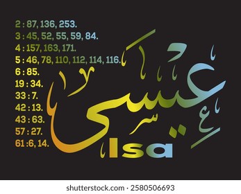 Stylish Arabic calligraphy of the name Isa or Jesus with accompanying numbers.  Perfect for religious or design projects.