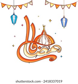 Stylish Arabic Calligraphy of Ramadan with Mosque and Lantern, Bunting Flag Decoration for Islamic Festival Celebration Concept. Can Be Used Design as a Sticker or Greeting Card.