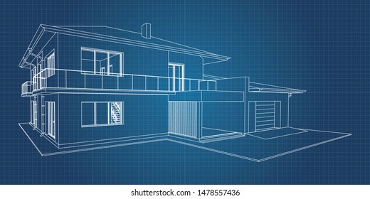 Stylish Architectural  Blueprint.Vector Wireframe Perspective Of Luxury Modern House Exterior. 3D Vector Model Of Cottage. 