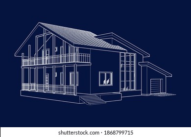 Stylish architectural  blueprint.Vector wireframe perspective of luxury modern house exterior. 3D vector model of cottage. 
