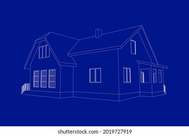 Stylish architectural  blueprint.Vector wireframe perspective of luxury modern house exterior. 3D vector model of cottage. 