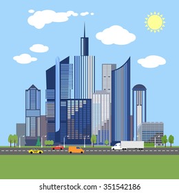 Stylish architecture design of a modern city. Fashionable business center with skyscrapers. Vector flat style illustration. Urban metropolitan. Image for presentation, banner, placard or web site