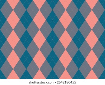 Stylish argyle pattern in teal, gray, and coral.  Perfect for backgrounds, textiles, or fashion designs.  Geometric and sophisticated, this image evokes a sense of classic elegance and timeless style.