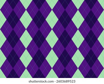 Stylish argyle pattern in vibrant purple and mint green.  Perfect for textile designs, backgrounds, or branding projects.