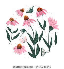 Stylish arrangement of pink coneflowers and fluttering butterflies in a dynamic, round composition. Whimsical summer theme. Purple Echinacea circle emblem Vector hand drawn illustration.